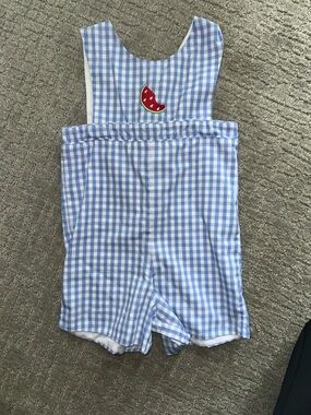 Little English Blue and White Gingham jumper with watermelon Accent